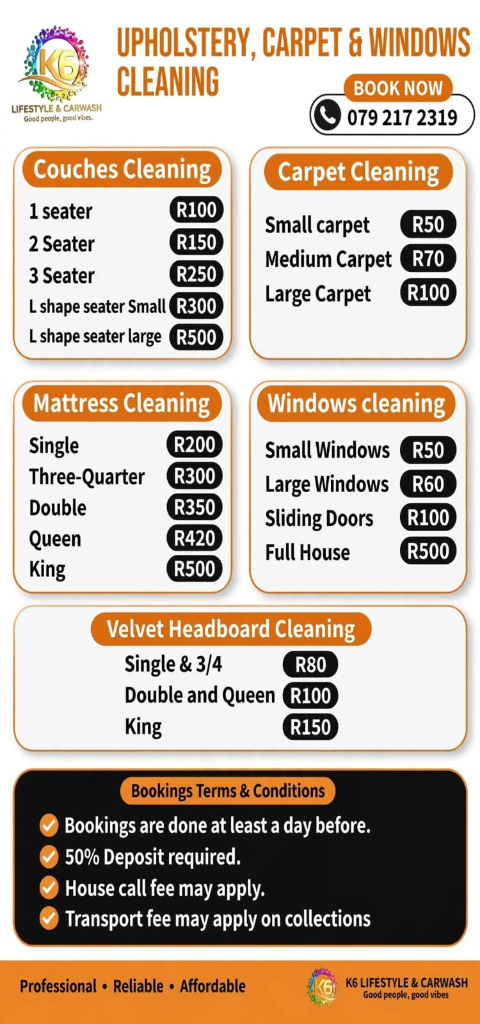 K6 Upholstery, Carpet & Windows Cleaning Price List